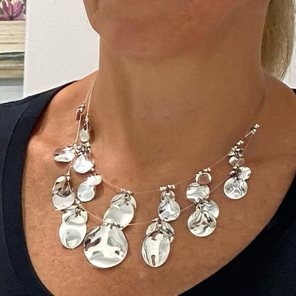 Silver Toned 2 Strand Circle Disc Necklace - Picture 3 of 12